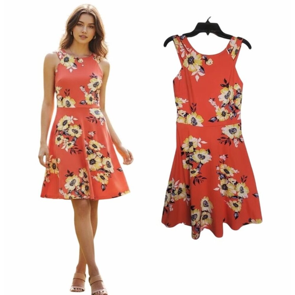 ❤️Women dress XS IZ Byer Red Floral 2 Strapped Sundress stretch Midi A line New